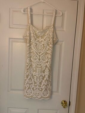 Lulu's Ivory Sequin Beaded Mini Dress